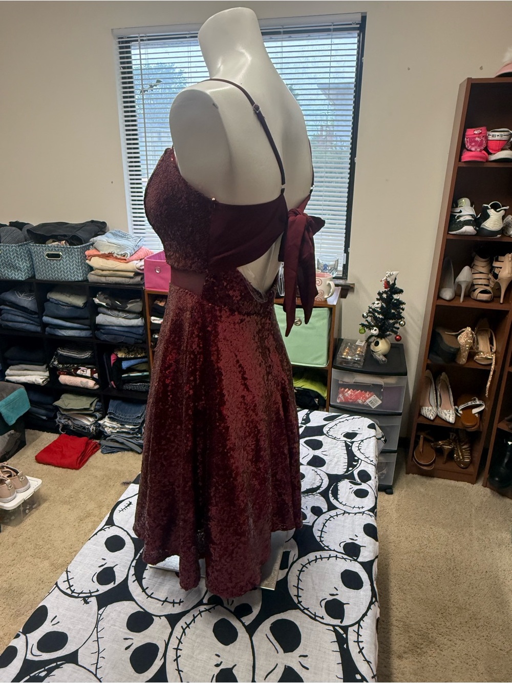 Honey and Rosie Burgundy Sequin Midi Dress with Tie-Back